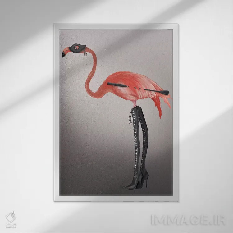 تابلو دکوراتیو فلامینگو با چکمه های خاص اثر فب فانکی - نمای قابدار سفید