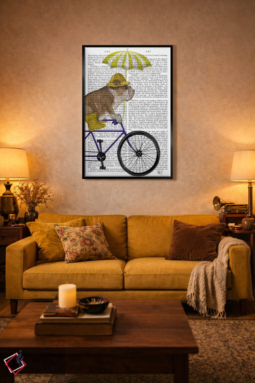 تابلو دکوراتیو بولداگ انگلیسی روی دوچرخه، پس زمینه چاپی اثر فب فانکی - D4B