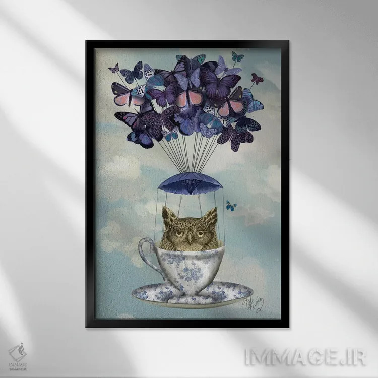 تابلو دکوراتیو جغد در فنجان چای اثر فب فانکی - نمای قابدار مشکی