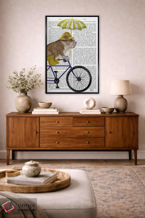 تابلو دکوراتیو بولداگ انگلیسی روی دوچرخه، پس زمینه چاپی اثر فب فانکی - D3B