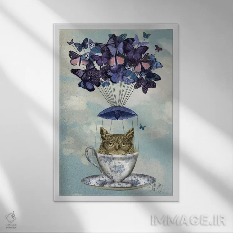تابلو دکوراتیو جغد در فنجان چای اثر فب فانکی - نمای قابدار سفید