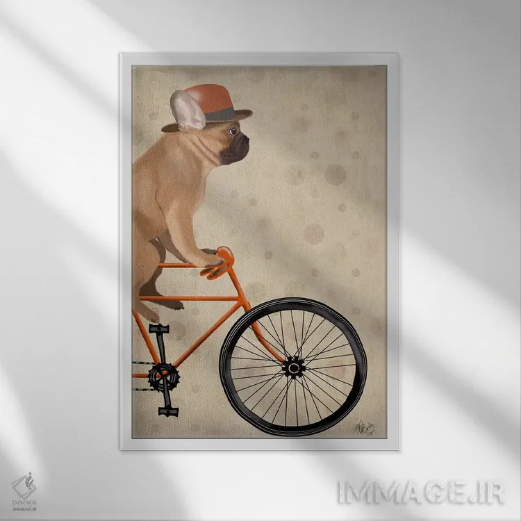 تابلو دکوراتیو بولداگ فرانسوی روی دوچرخه اثر فب فانکی - نمای قابدار سفید