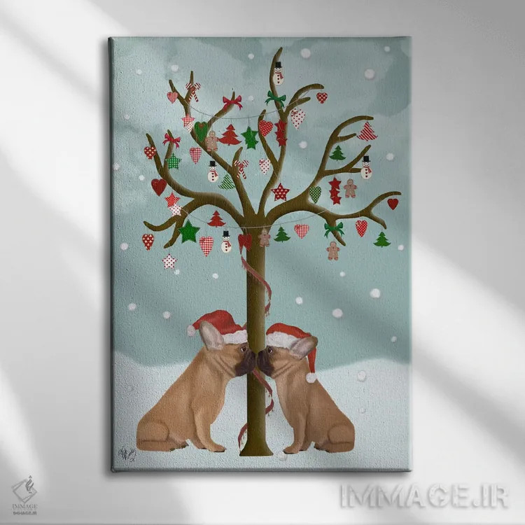تابلو دکوراتیو بولداگ های فرانسوی و درخت کریسمس اثر فب فانکی - نمای روبهرو روی دیوار