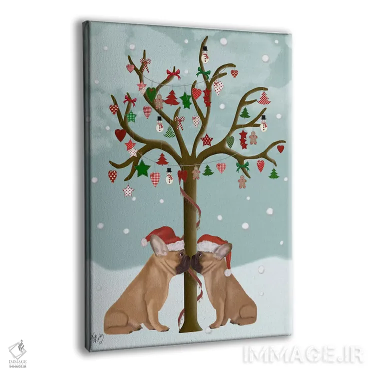 تابلو دکوراتیو بولداگ های فرانسوی و درخت کریسمس اثر فب فانکی - نمای پرسپکتیو محصول