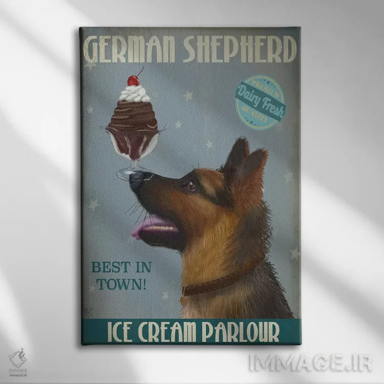 تابلو دکوراتیو ژرمن شپرد و بستنی اثر فب فانکی - نمای روبهرو روی دیوار