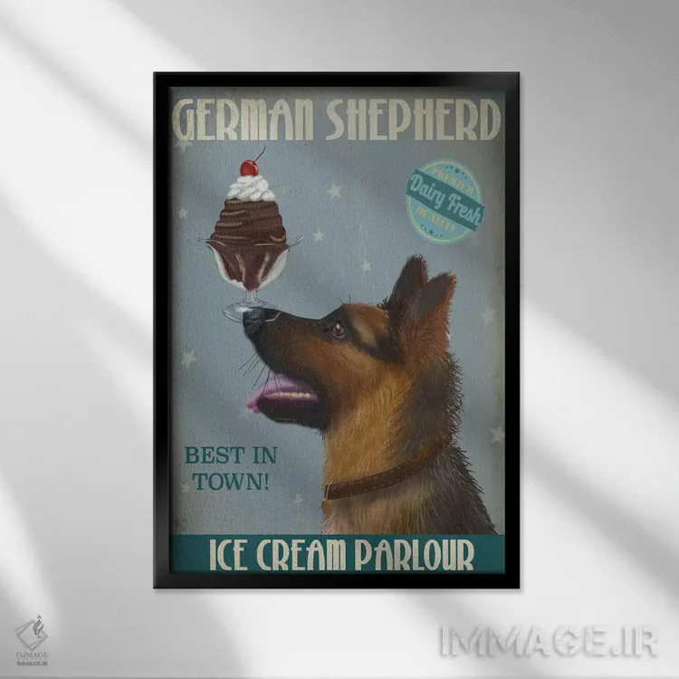 تابلو دکوراتیو ژرمن شپرد و بستنی اثر فب فانکی - نمای قابدار مشکی