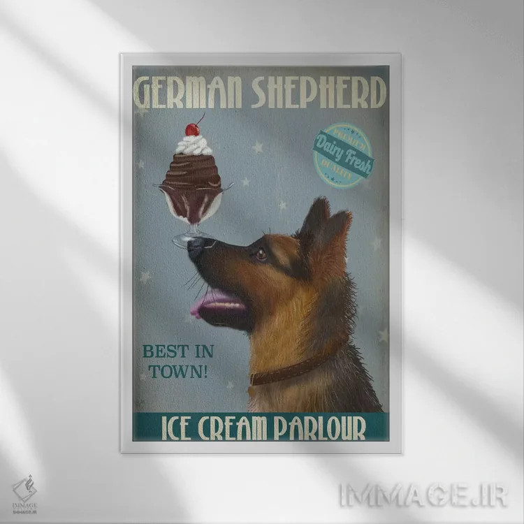 تابلو دکوراتیو ژرمن شپرد و بستنی اثر فب فانکی - نمای قابدار سفید