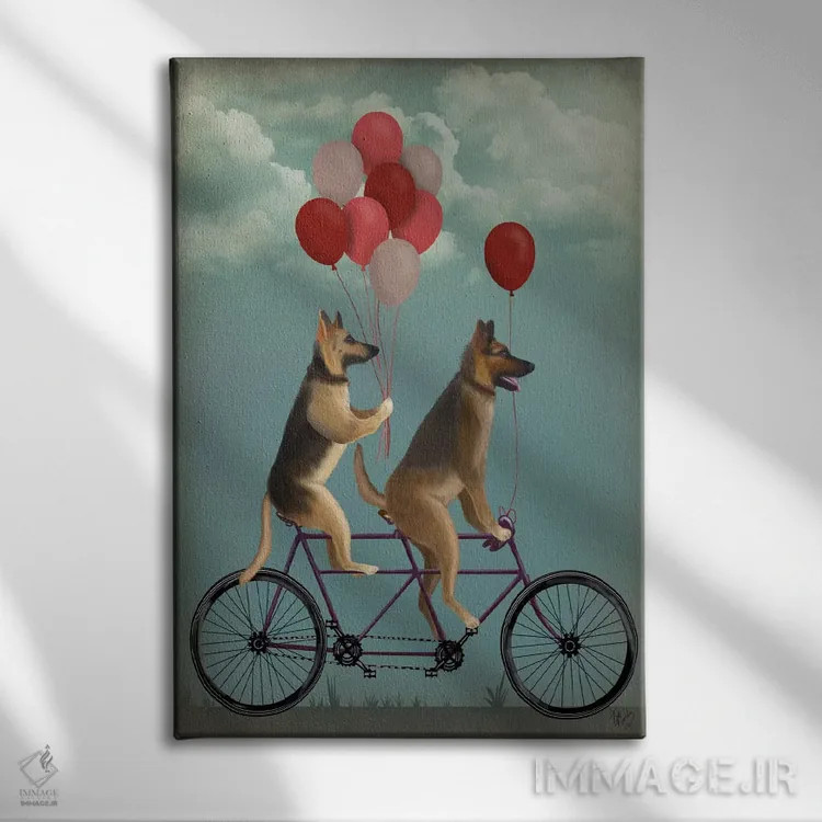 تابلو دکوراتیو ژرمن شپرد روی دوچرخه دونفره اثر فب فانکی - نمای روبهرو روی دیوار