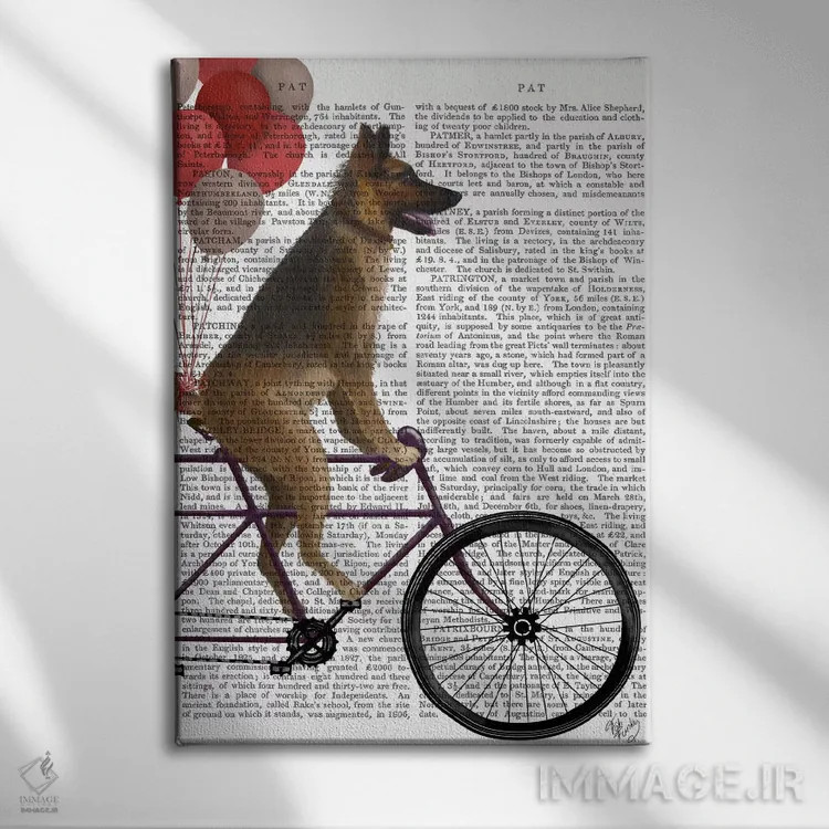 تابلو دکوراتیو ژرمن شپرد روی دوچرخه، پس زمینه چاپی اثر فب فانکی - نمای روبهرو روی دیوار