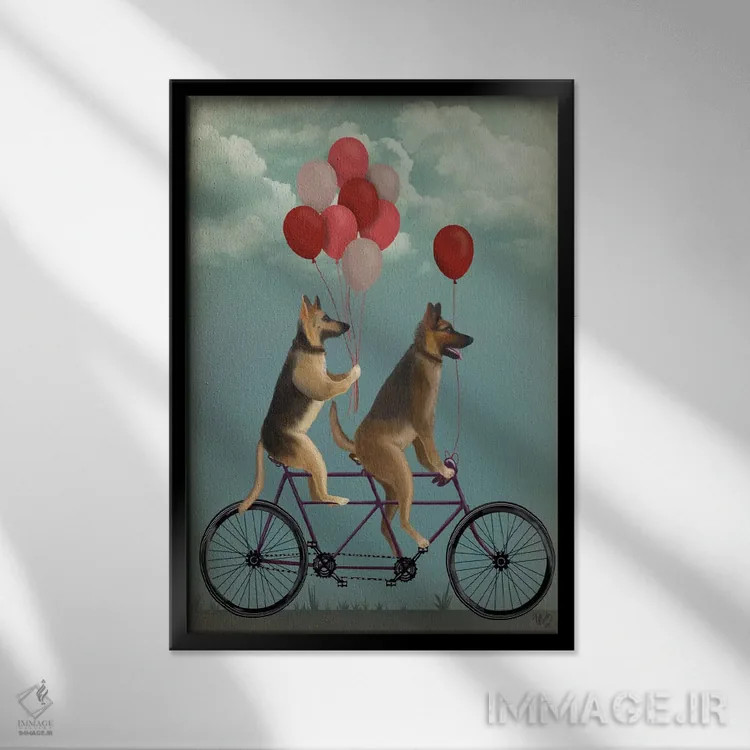 تابلو دکوراتیو ژرمن شپرد روی دوچرخه دونفره اثر فب فانکی - نمای قابدار مشکی