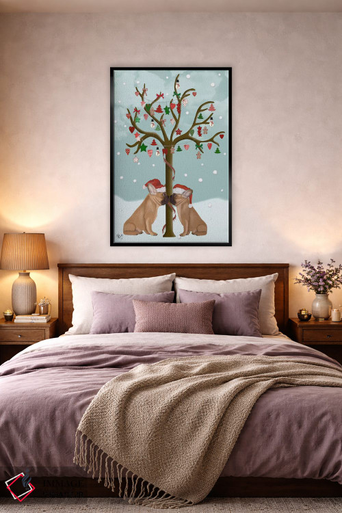 تابلو دکوراتیو بولداگ های فرانسوی و درخت کریسمس اثر فب فانکی - D3B