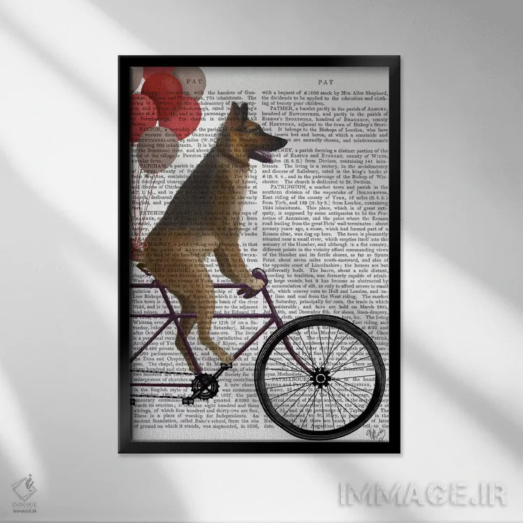 تابلو دکوراتیو ژرمن شپرد روی دوچرخه، پس زمینه چاپی اثر فب فانکی - نمای قابدار مشکی