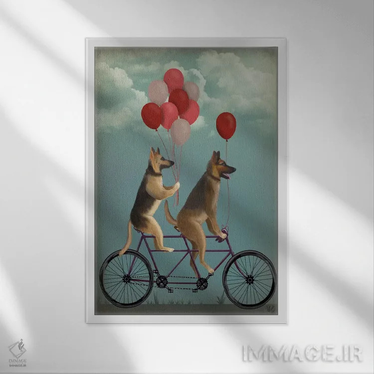 تابلو دکوراتیو ژرمن شپرد روی دوچرخه دونفره اثر فب فانکی - نمای قابدار سفید