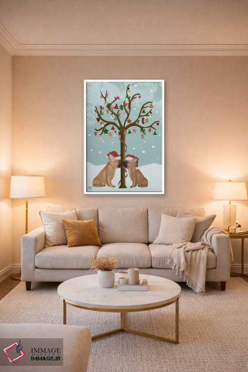 تابلو دکوراتیو بولداگ های فرانسوی و درخت کریسمس اثر فب فانکی - D2W
