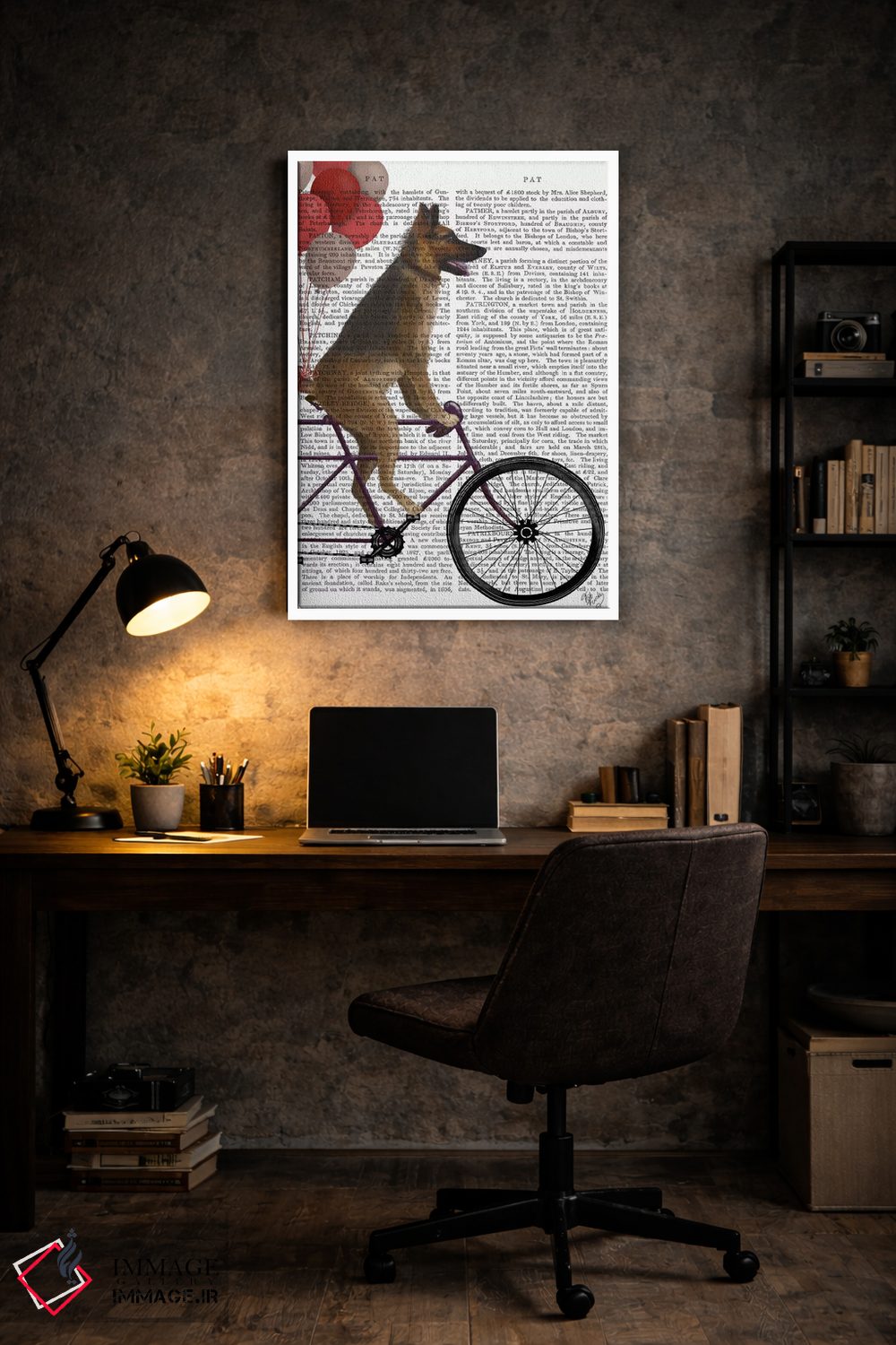 تابلو دکوراتیو ژرمن شپرد روی دوچرخه، پس زمینه چاپی اثر فب فانکی - D6W
