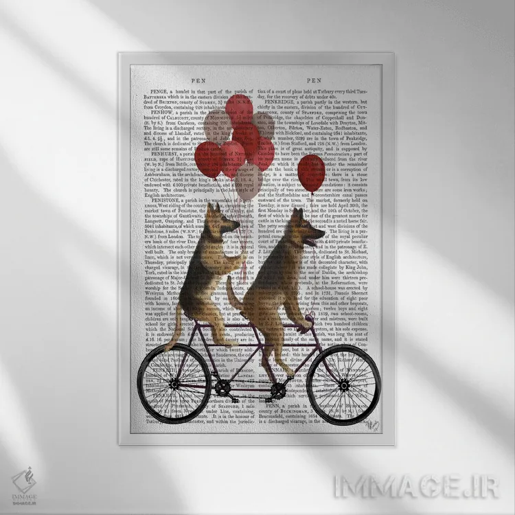 تابلو دکوراتیو ژرمن شپرد روی دوچرخه دونفره، پس زمینه چاپی اثر فب فانکی - نمای قابدار سفید