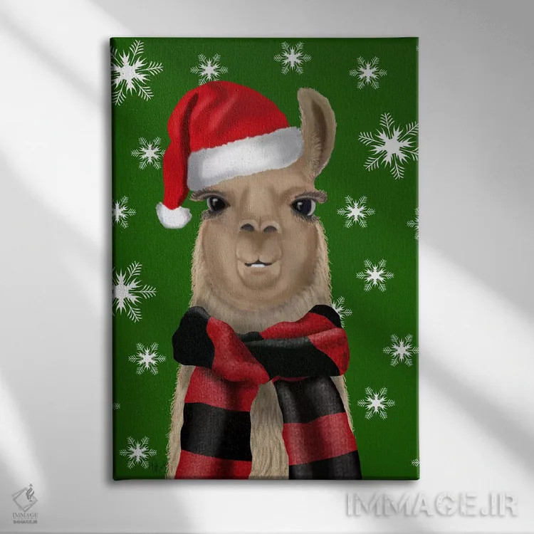تابلو دکوراتیو لاما با کلاه کریسمس اثر فب فانکی - نمای روبهرو روی دیوار