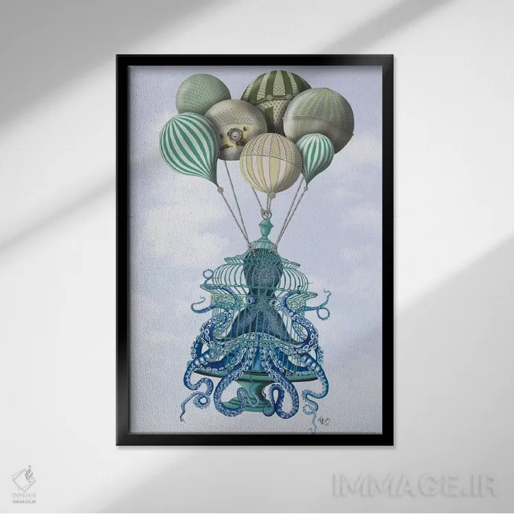 تابلو دکوراتیو قفس اختاپوس و بادکنک ها اثر فب فانکی - نمای قابدار مشکی