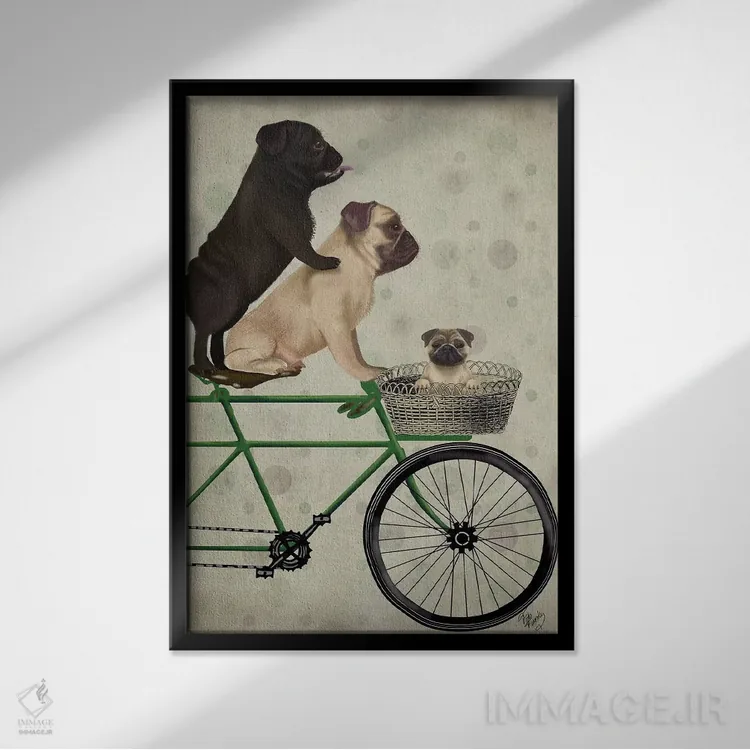 تابلو دکوراتیو پاگ ها روی دوچرخه اثر فب فانکی - نمای قابدار مشکی