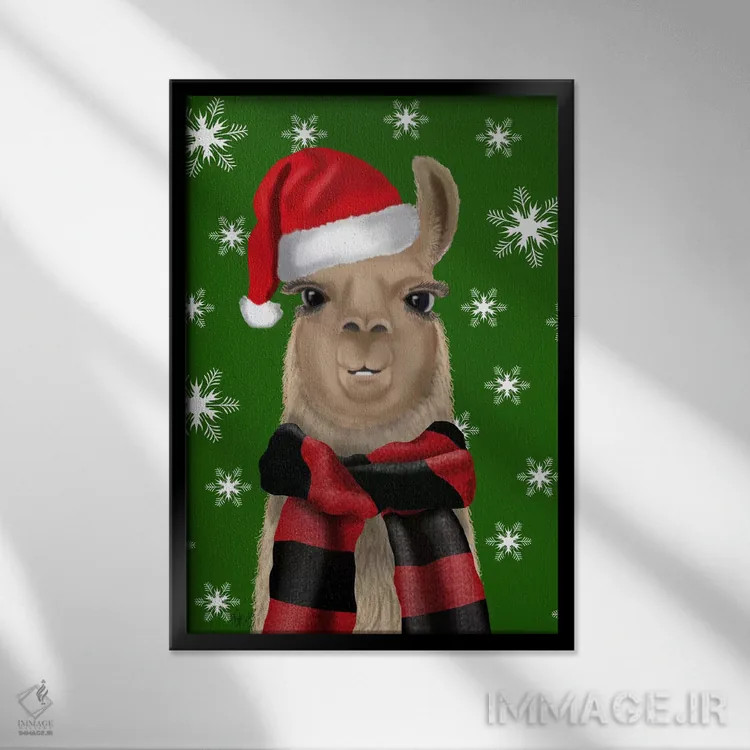 تابلو دکوراتیو لاما با کلاه کریسمس اثر فب فانکی - نمای قابدار مشکی