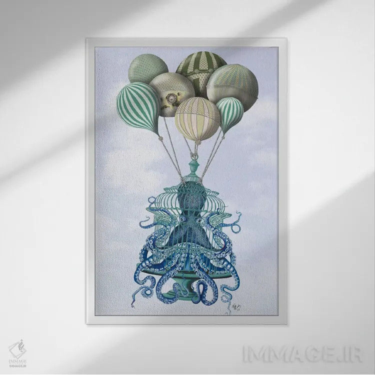 تابلو دکوراتیو قفس اختاپوس و بادکنک ها اثر فب فانکی - نمای قابدار سفید