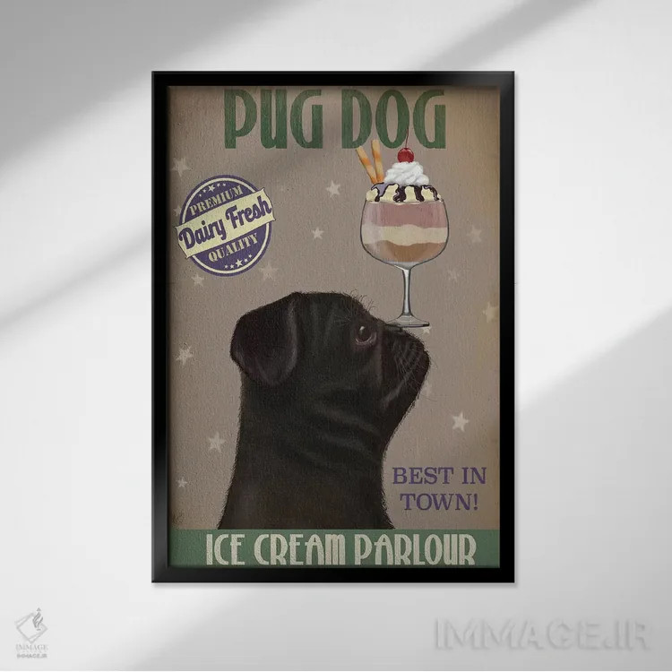 تابلو دکوراتیو پاگ سیاه و بستنی اثر فب فانکی - نمای قابدار مشکی