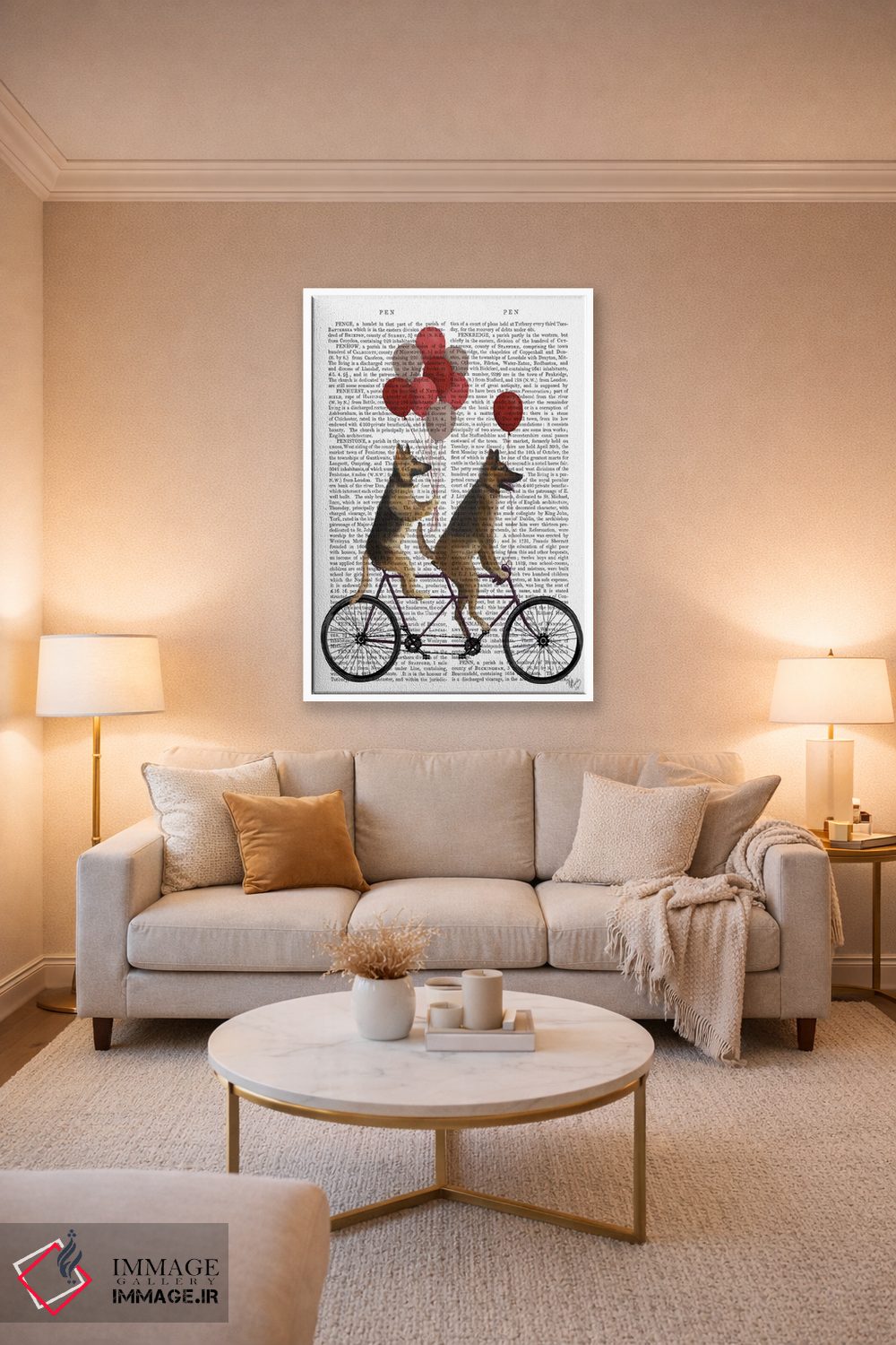 تابلو دکوراتیو ژرمن شپرد روی دوچرخه دونفره، پس زمینه چاپی اثر فب فانکی - D3W