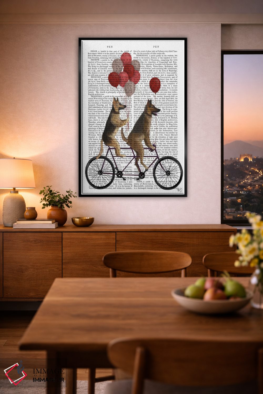 تابلو دکوراتیو ژرمن شپرد روی دوچرخه دونفره، پس زمینه چاپی اثر فب فانکی - D2B