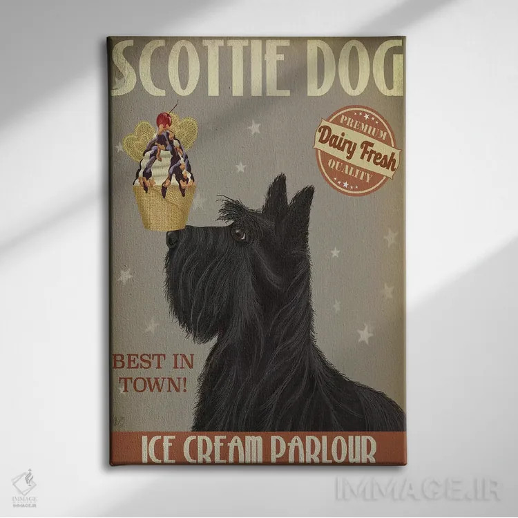 تابلو دکوراتیو تریر اسکاتلندی و بستنی اثر فب فانکی - نمای روبهرو روی دیوار