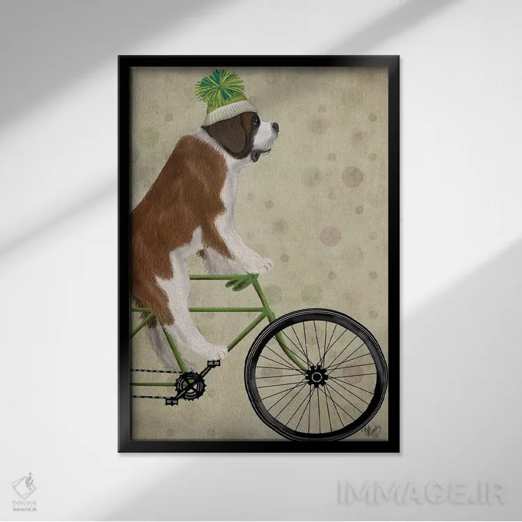 تابلو دکوراتیو سنت برنارد روی دوچرخه اثر فب فانکی - نمای قابدار مشکی