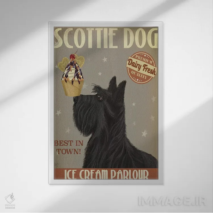 تابلو دکوراتیو تریر اسکاتلندی و بستنی اثر فب فانکی - نمای قابدار سفید