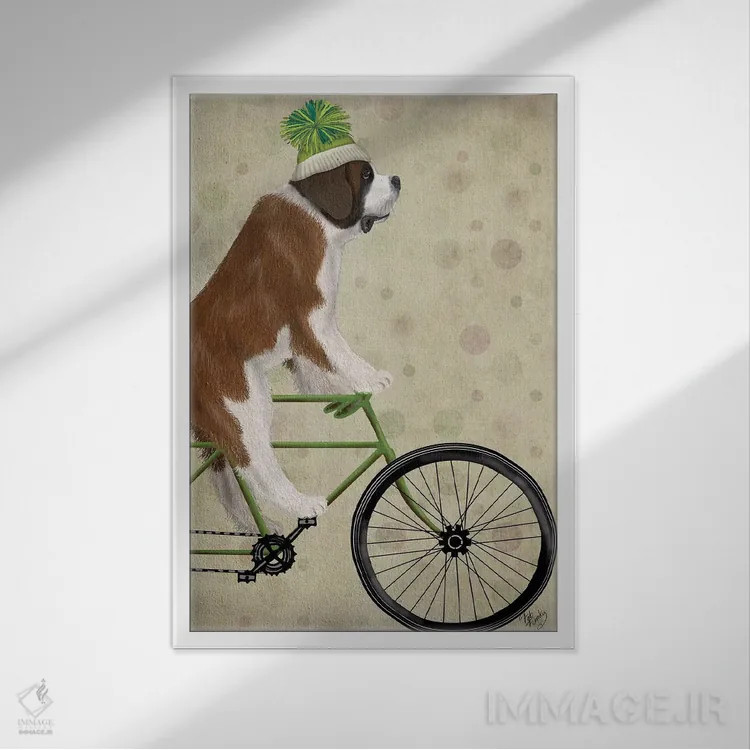 تابلو دکوراتیو سنت برنارد روی دوچرخه اثر فب فانکی - نمای قابدار سفید