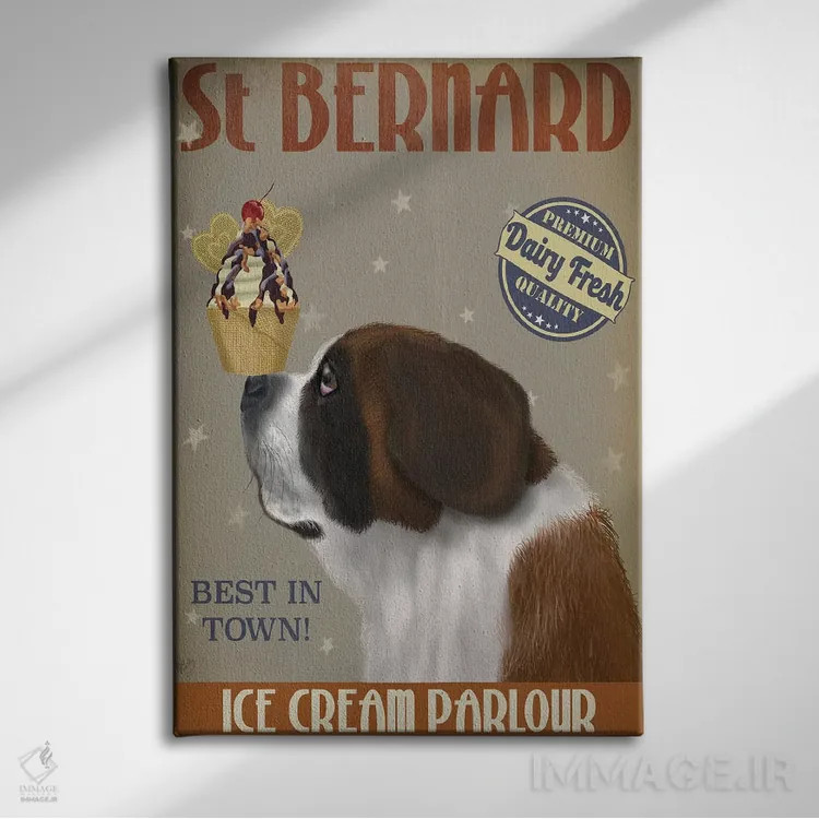 تابلو دکوراتیو سنت برنارد و بستنی اثر فب فانکی - نمای روبهرو روی دیوار