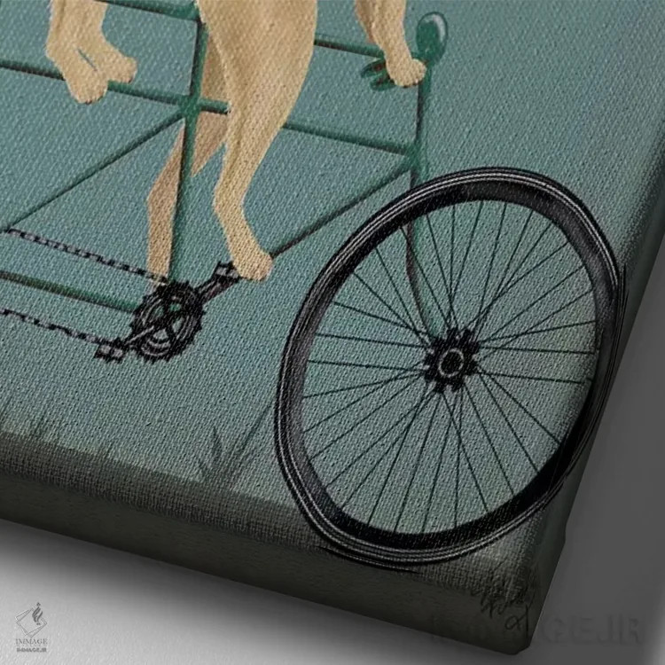 تابلو دکوراتیو لابرادور زرد روی دوچرخه دونفره اثر فب فانکی - نمای نزدیک بافت بوم