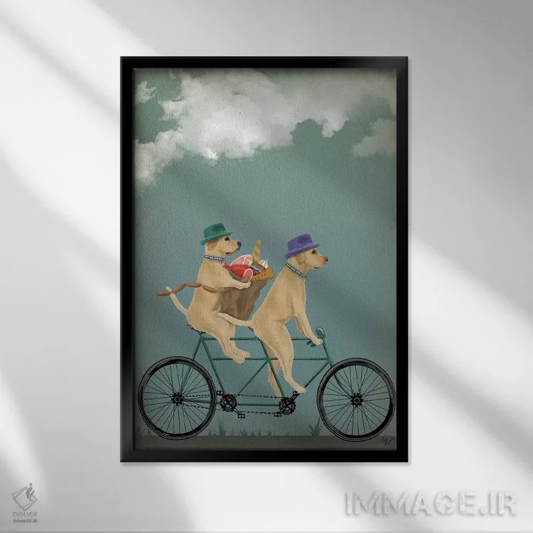 تابلو دکوراتیو لابرادور زرد روی دوچرخه دونفره اثر فب فانکی - نمای قابدار مشکی
