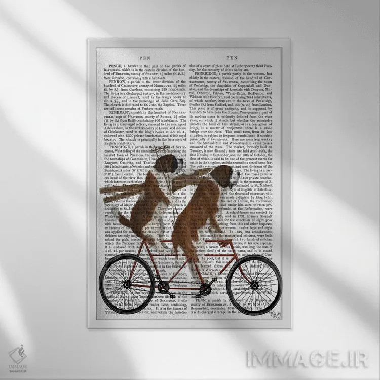 تابلو دکوراتیو سنت برنارد روی دوچرخه دونفره، پس زمینه چاپی اثر فب فانکی - نمای قابدار سفید