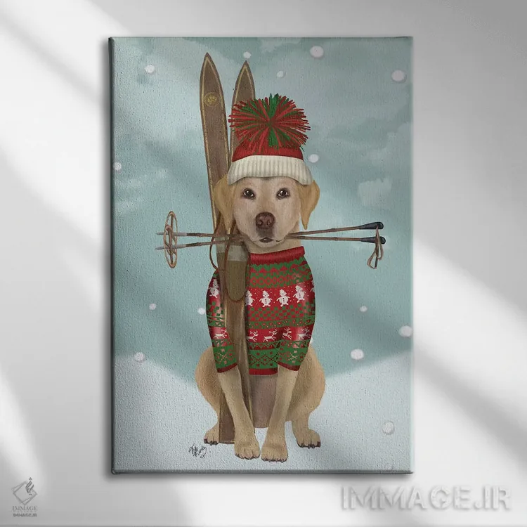 تابلو دکوراتیو لابرادور زرد اسکی باز اثر فب فانکی - نمای روبهرو روی دیوار