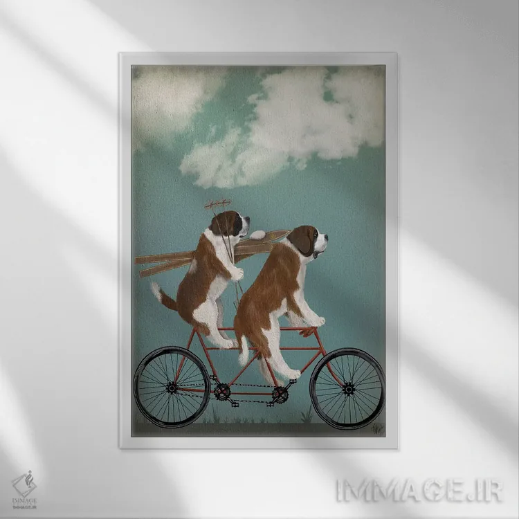 تابلو دکوراتیو سنت برنارد روی دوچرخه دونفره اثر فب فانکی - نمای قابدار سفید