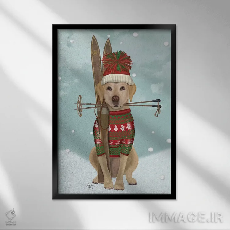 تابلو دکوراتیو لابرادور زرد اسکی باز اثر فب فانکی - نمای قابدار مشکی