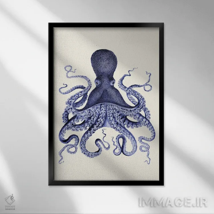 تابلو دکوراتیو اختاپوس آبی ۱ اثر فب فانکی - نمای قابدار مشکی