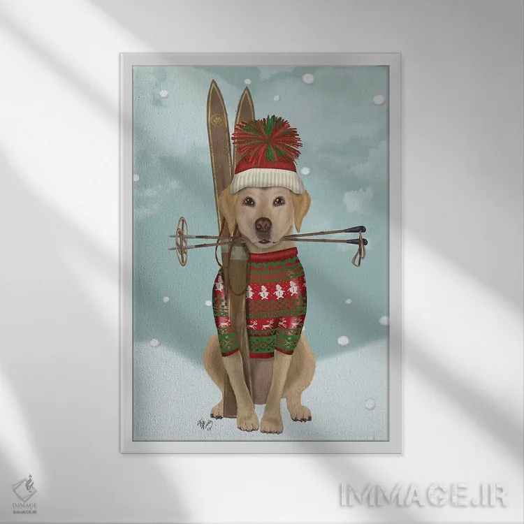 تابلو دکوراتیو لابرادور زرد اسکی باز اثر فب فانکی - نمای قابدار سفید