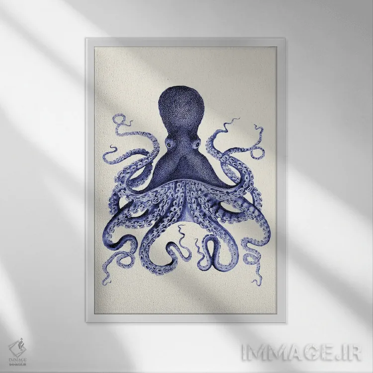 تابلو دکوراتیو اختاپوس آبی ۱ اثر فب فانکی - نمای قابدار سفید