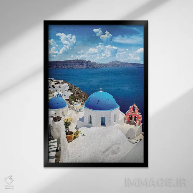 تابلو دکوراتیو سقفی به رنگ آسمان، اویا، سانتورینی، یونان اثر فلوریان اولبرشتس - نمای قابدار مشکی
