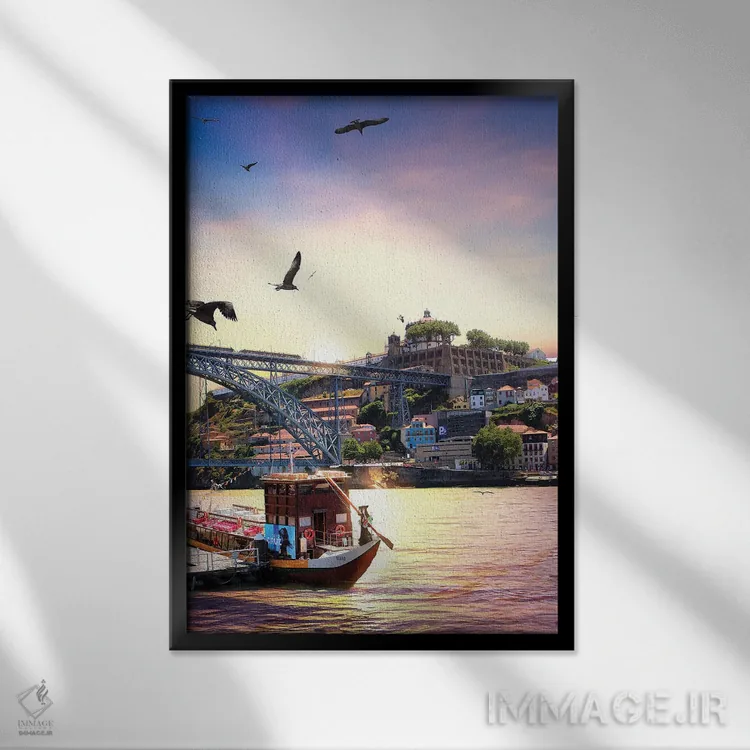 تابلو دکوراتیو زمانی که آب، زمین و هوا برای غروب در پورتو به هم می رس… اثر فلوریان اولبرشتس - نمای قابدار مشکی