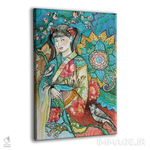 تابلو دکوراتیو زن ژاپنی با کیمونو گلدار ۲ اثر فانیتسا پترو - نمای پرسپکتیو محصول