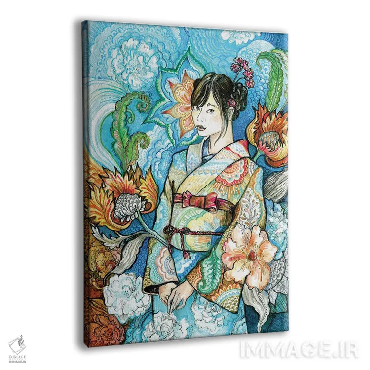 تابلو دکوراتیو زن ژاپنی با کیمونو گلدار ۱ اثر فانیتسا پترو - نمای پرسپکتیو محصول