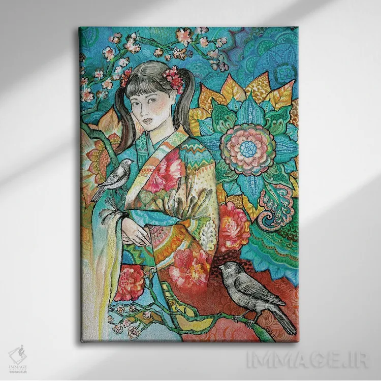 تابلو دکوراتیو زن ژاپنی با کیمونو گلدار ۲ اثر فانیتسا پترو - نمای روبهرو روی دیوار