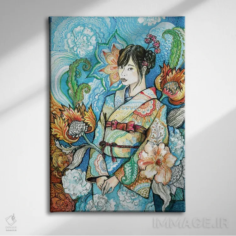 تابلو دکوراتیو زن ژاپنی با کیمونو گلدار ۱ اثر فانیتسا پترو - نمای روبهرو روی دیوار