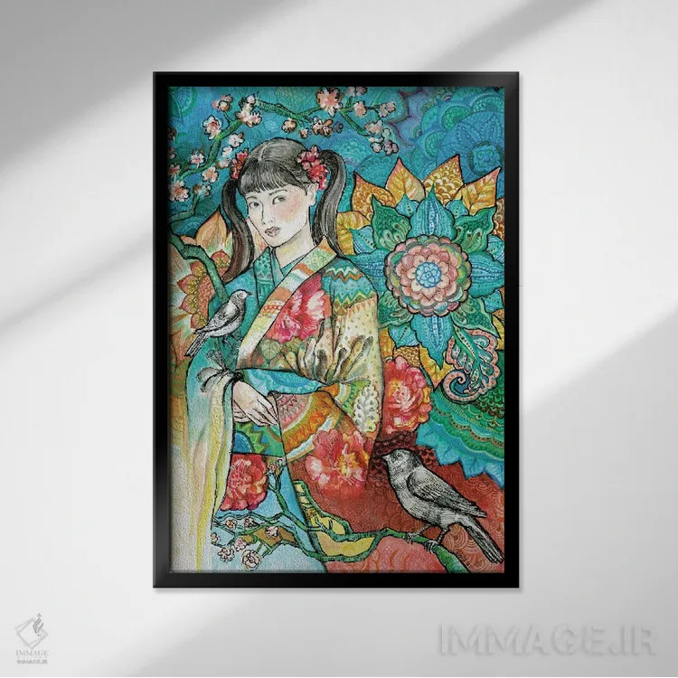 تابلو دکوراتیو زن ژاپنی با کیمونو گلدار ۲ اثر فانیتسا پترو - نمای قابدار مشکی