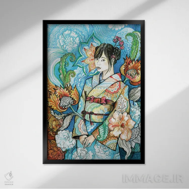 تابلو دکوراتیو زن ژاپنی با کیمونو گلدار ۱ اثر فانیتسا پترو - نمای قابدار مشکی
